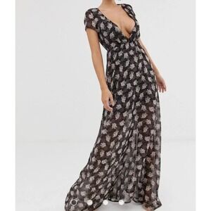 CLUB LONDON Black Floral Deep V Neck Short Sleeve Maxi Dress Women's Size 8 NWT